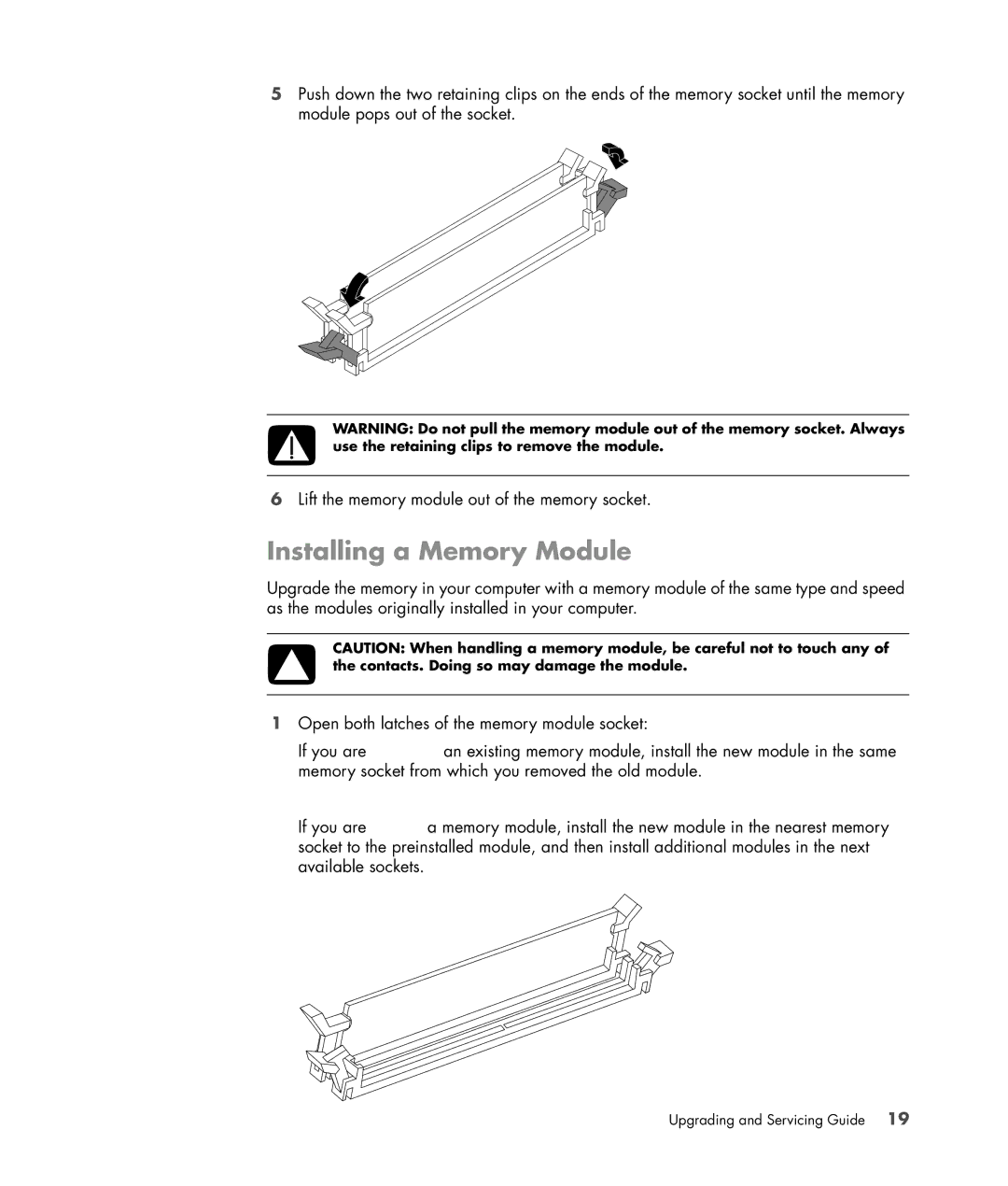 HP SG3778D manual Installing a Memory Module 