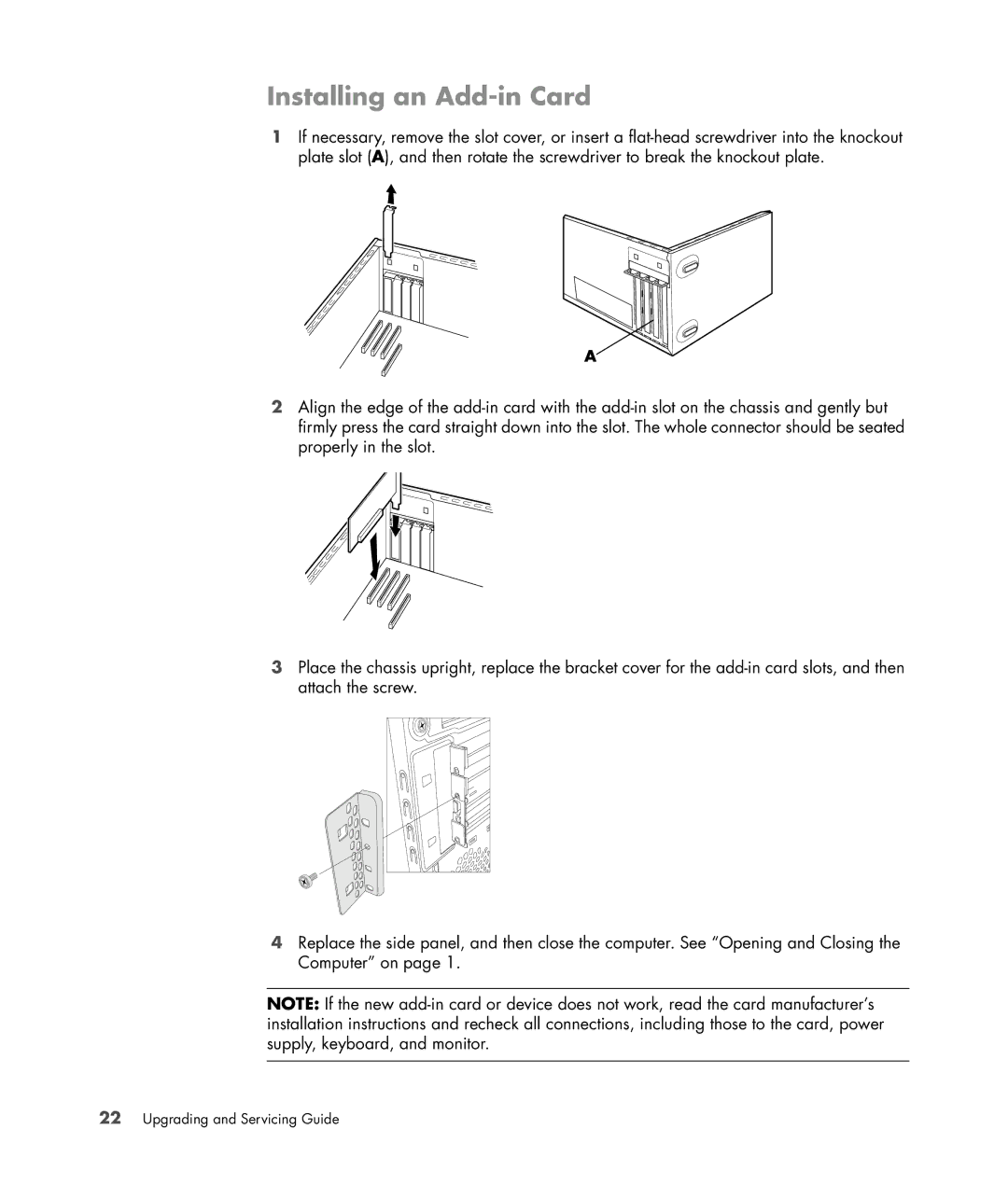 HP SG3778D manual Installing an Add-in Card 