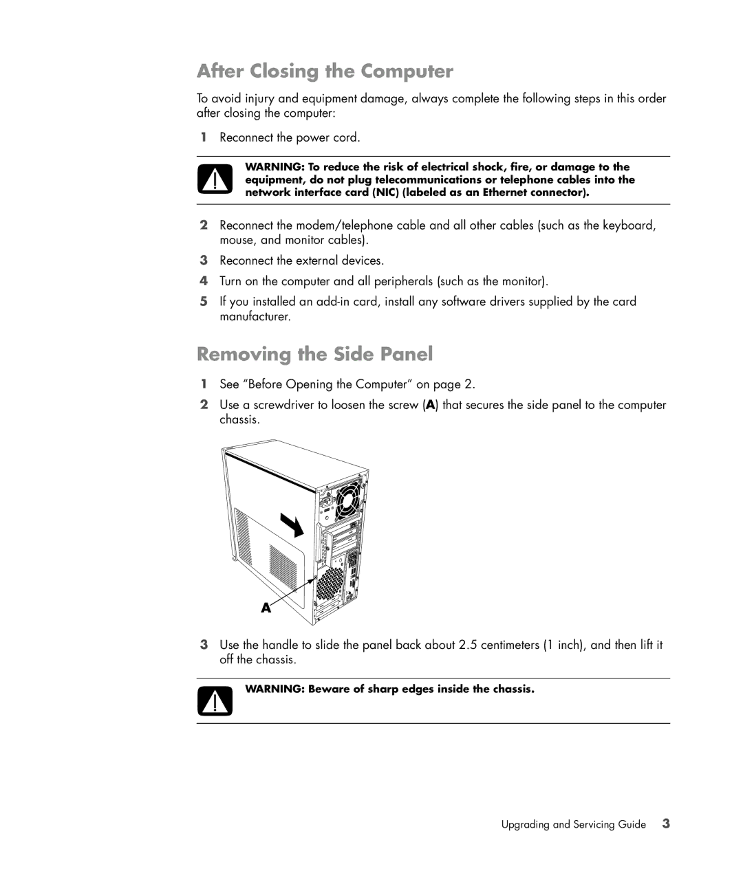 HP SG3778D manual After Closing the Computer, Removing the Side Panel 