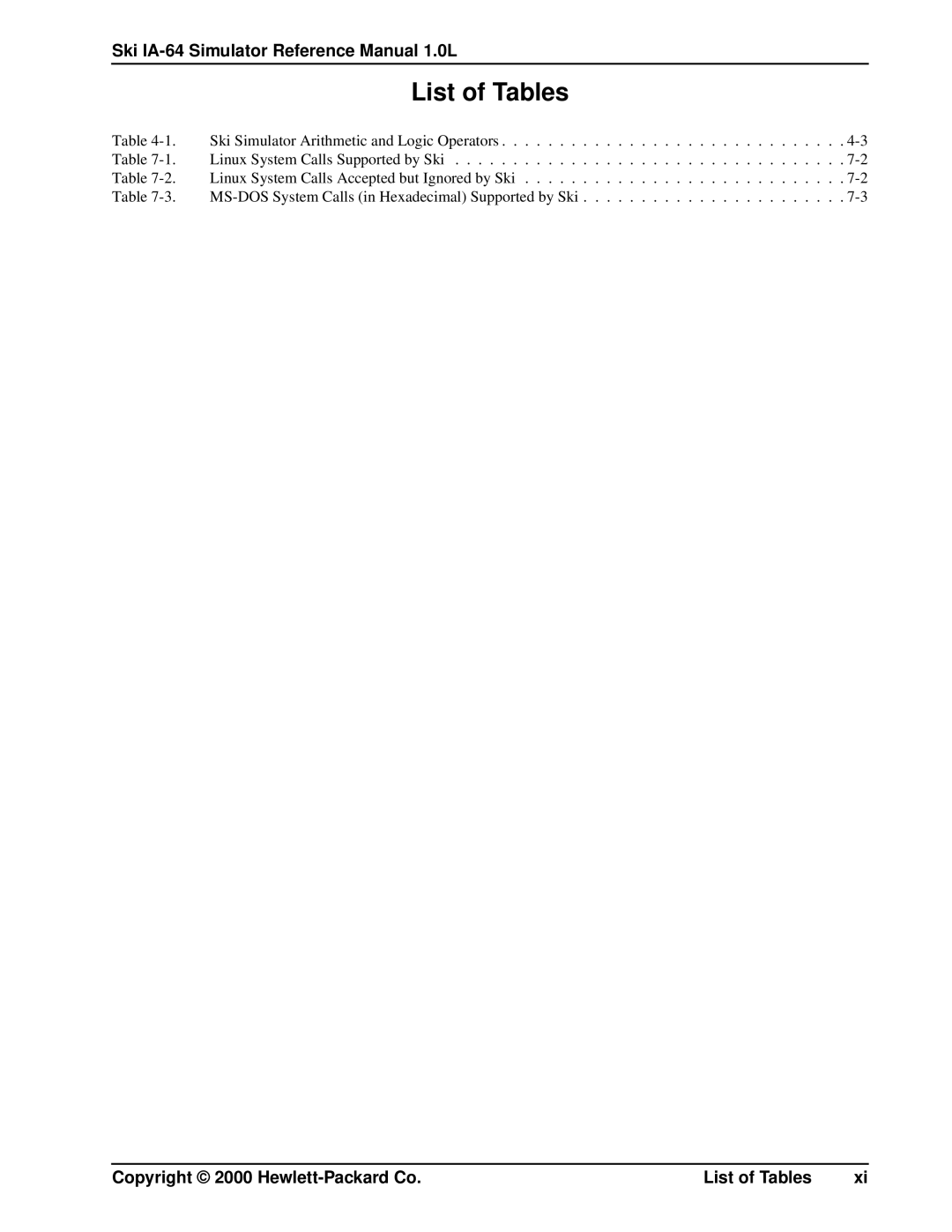 HP IA-64, Ski Simulator manual List of Tables 