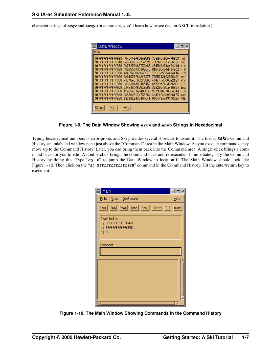 HP IA-64, Ski Simulator manual Data Window Showing argv and envp Strings in Hexadecimal 