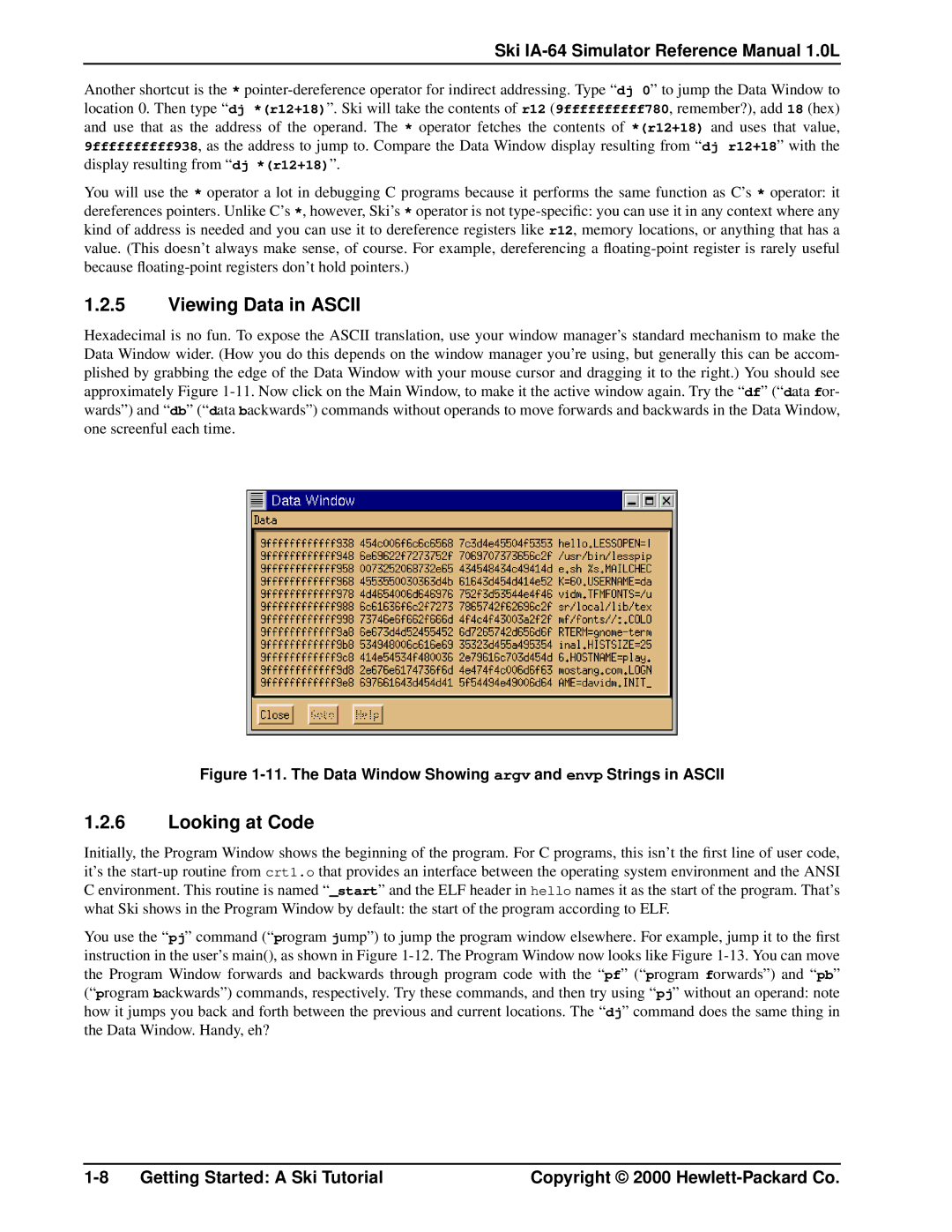 HP Ski Simulator, IA-64 manual Viewing Data in Ascii, Looking at Code 