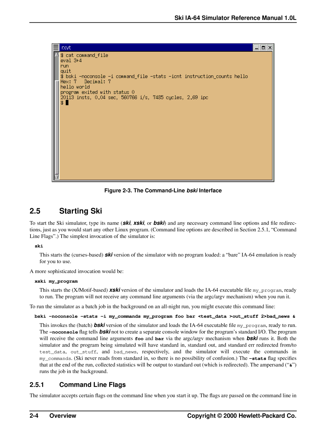 HP Ski Simulator, IA-64 manual Starting Ski, Command Line Flags 