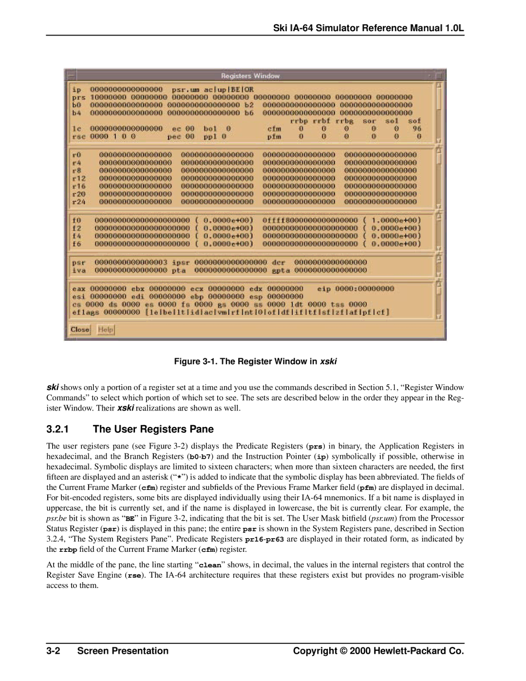 HP Ski Simulator, IA-64 manual User Registers Pane, Register Window in xski 