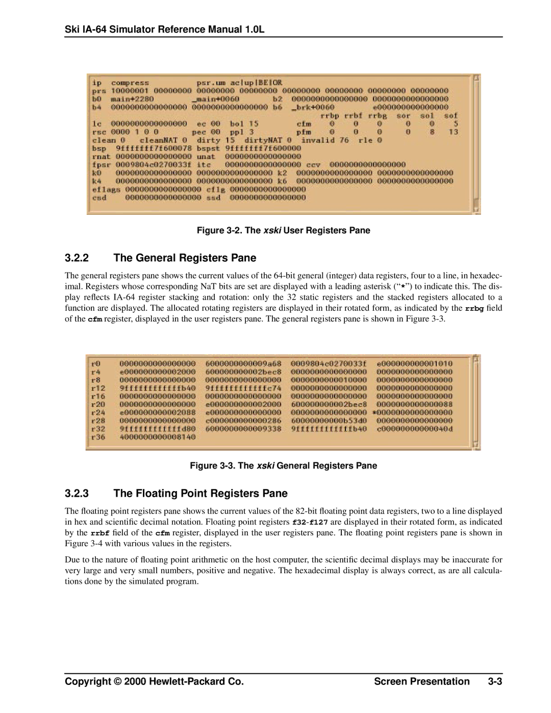 HP IA-64, Ski Simulator manual General Registers Pane, Floating Point Registers Pane 