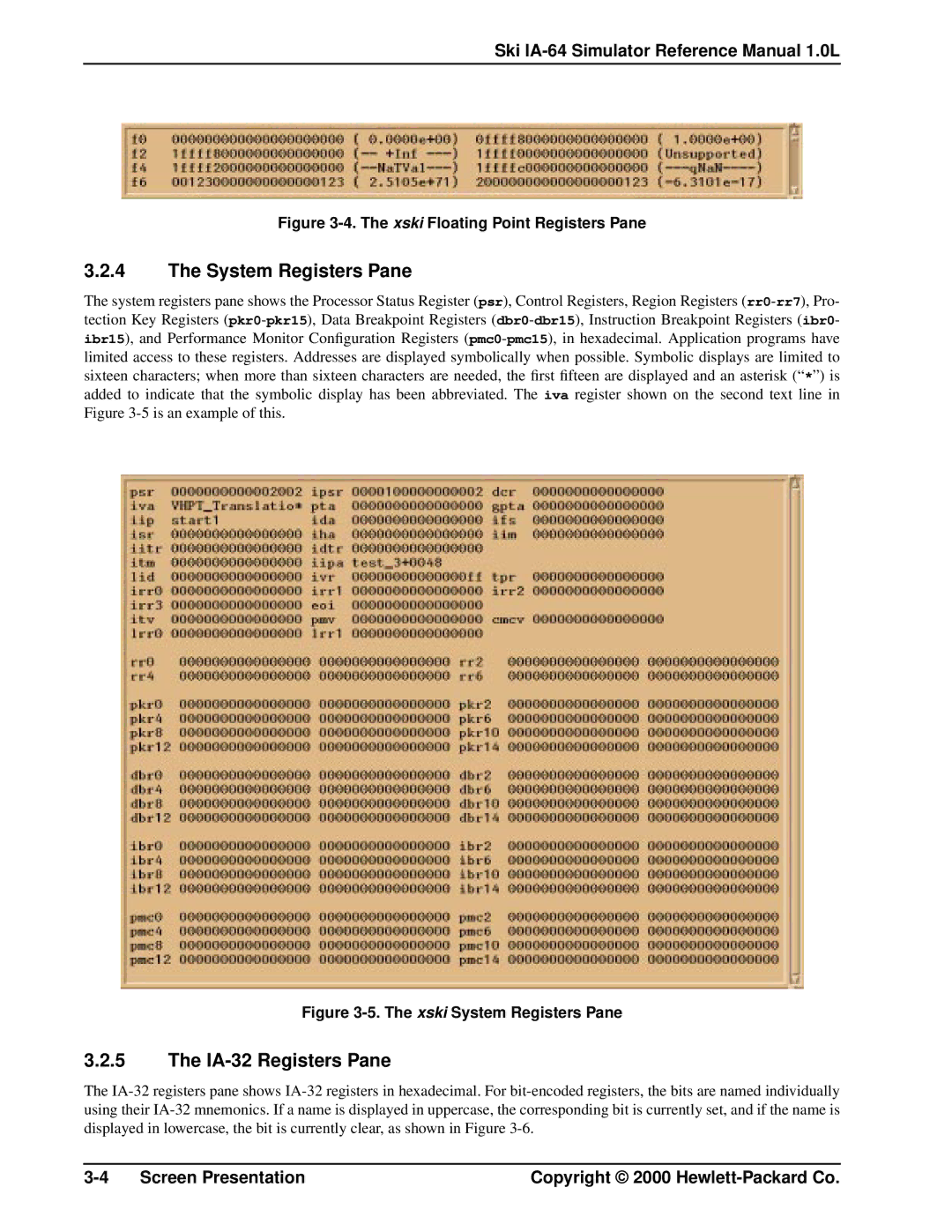 HP Ski Simulator, IA-64 manual System Registers Pane, IA-32 Registers Pane 