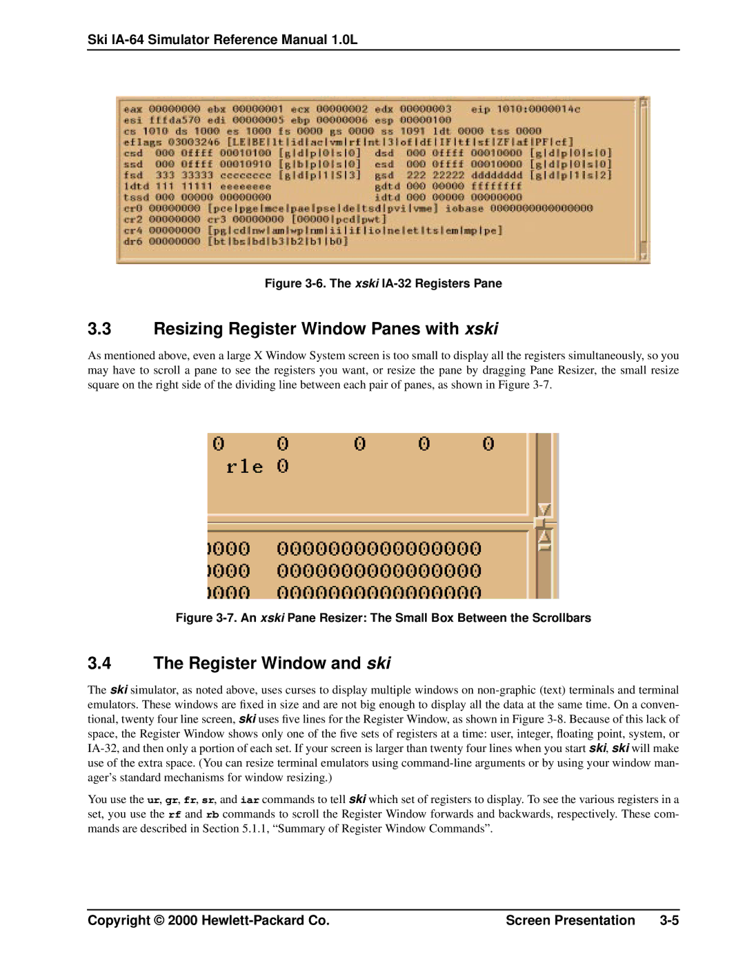 HP IA-64, Ski Simulator manual Resizing Register Window Panes with xski, Register Window and ski 