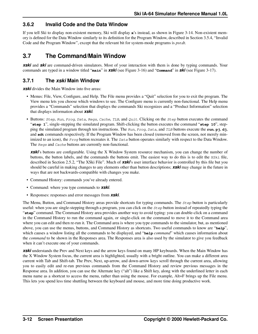 HP Ski Simulator, IA-64 manual Command/Main Window, Invalid Code and the Data Window, Xski Main Window 