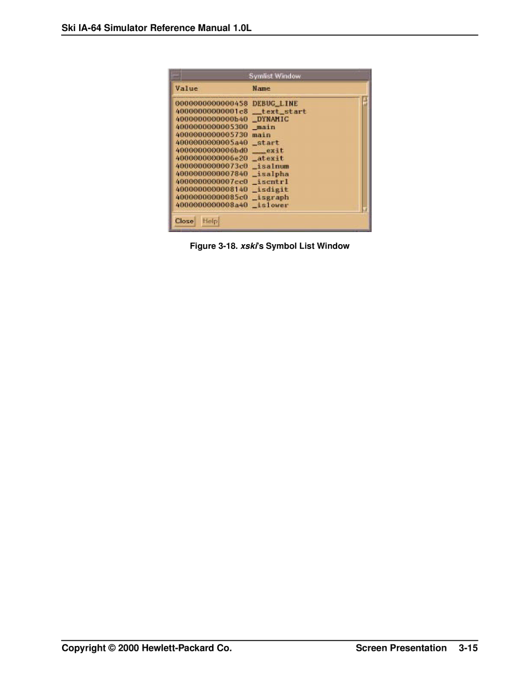 HP IA-64, Ski Simulator manual xski’s Symbol List Window 