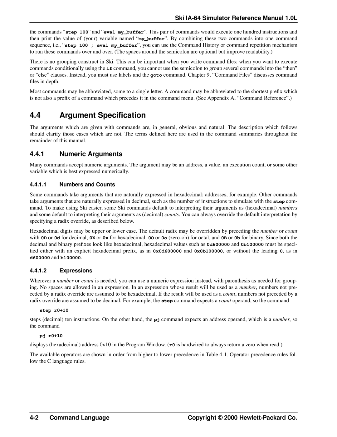 HP Ski Simulator, IA-64 manual Argument Speciﬁcation, Numeric Arguments, Numbers and Counts, Expressions 