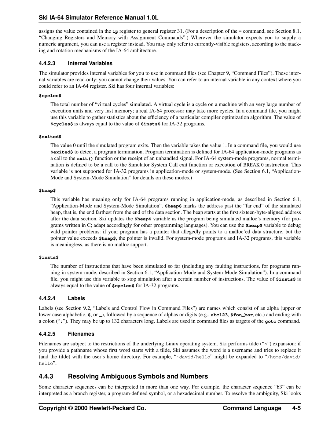 HP IA-64, Ski Simulator manual Resolving Ambiguous Symbols and Numbers, Internal Variables, Labels, Filenames 