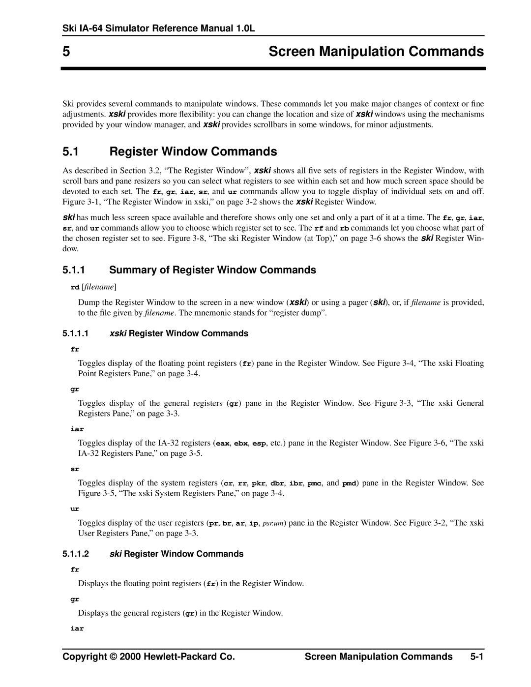 HP IA-64 manual Screen Manipulation Commands, Summary of Register Window Commands, Xski Register Window Commands 