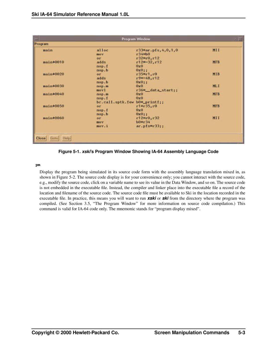 HP Ski Simulator manual Xski’s Program Window Showing IA-64 Assembly Language Code 