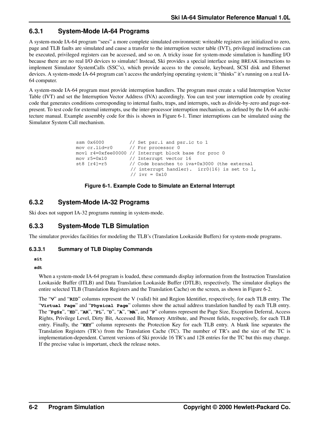 HP Ski Simulator manual System-Mode IA-64 Programs, System-Mode IA-32 Programs, System-Mode TLB Simulation 