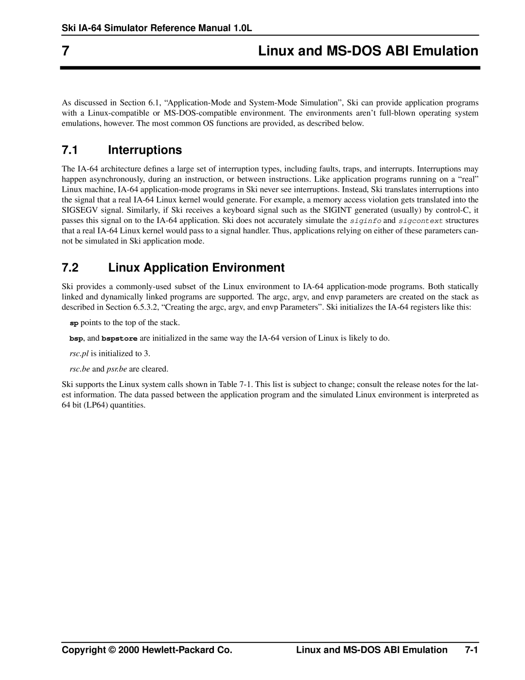 HP IA-64, Ski Simulator manual Linux and MS-DOS ABI Emulation, Interruptions, Linux Application Environment 