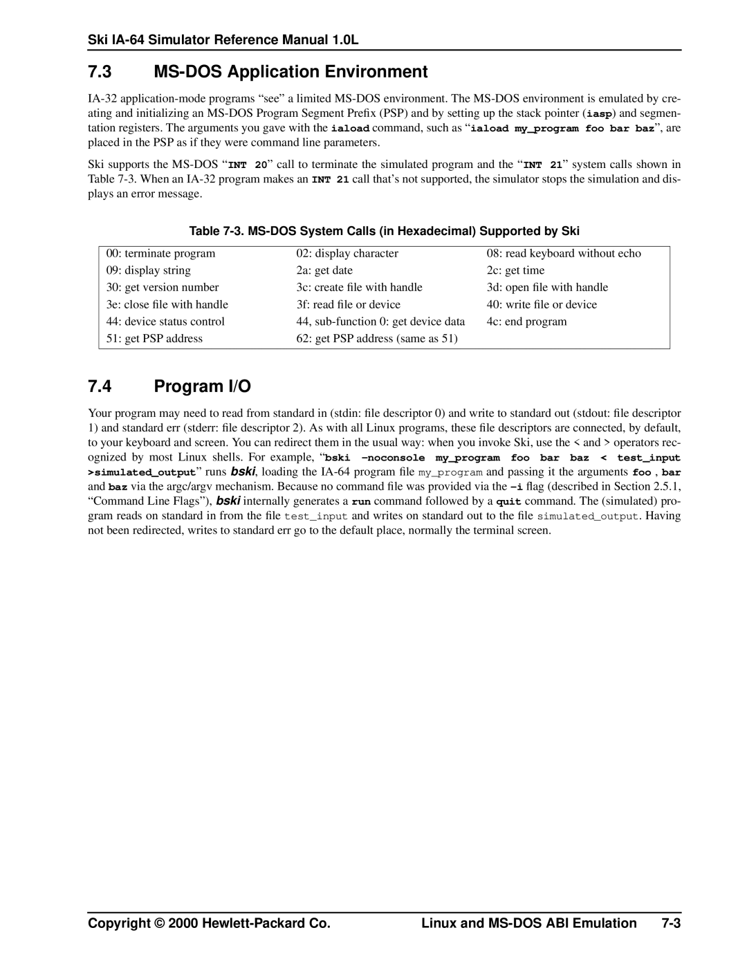 HP IA-64, Ski Simulator MS-DOS Application Environment, Program I/O, MS-DOS System Calls in Hexadecimal Supported by Ski 