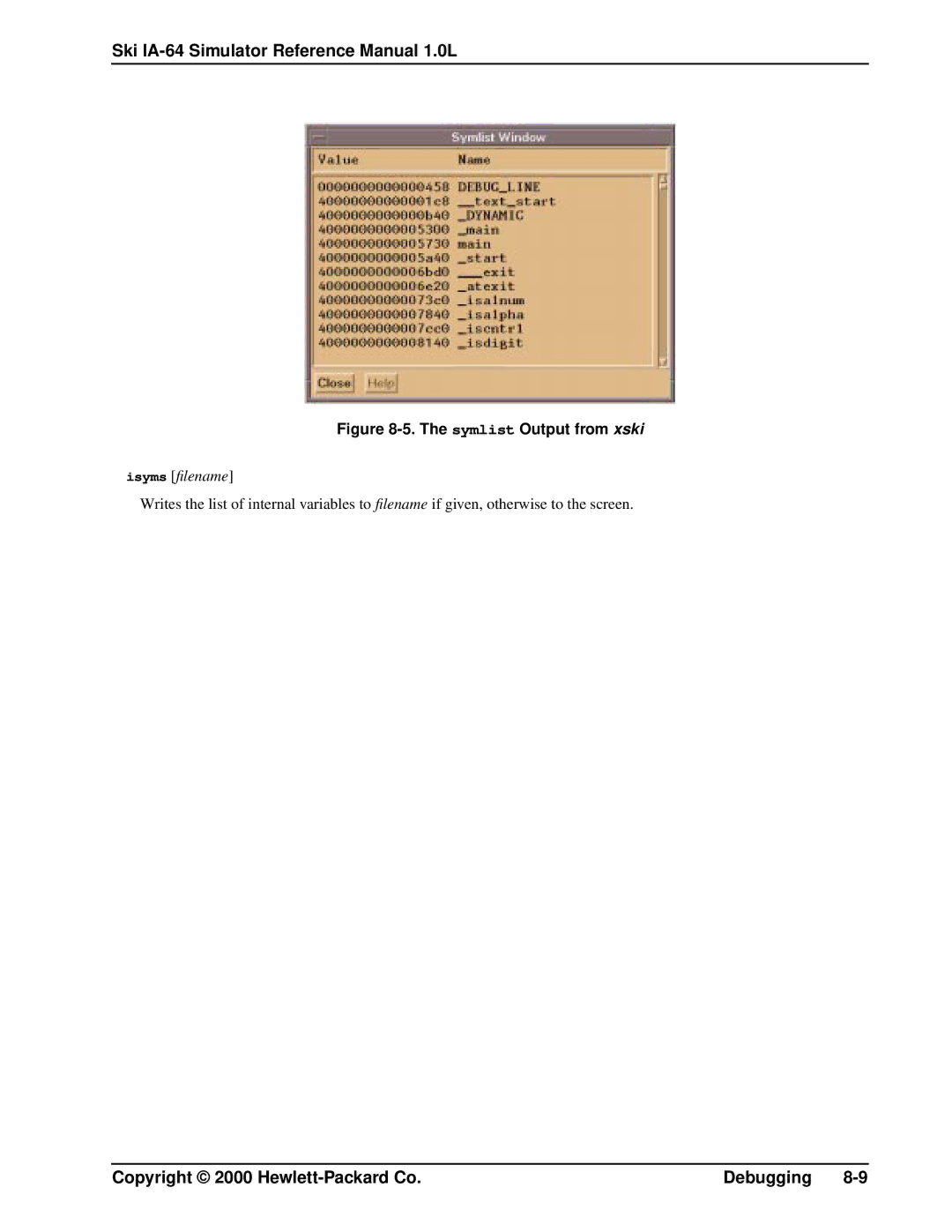 HP IA-64, Ski Simulator manual Symlist Output from xski, Isyms ﬁlename 