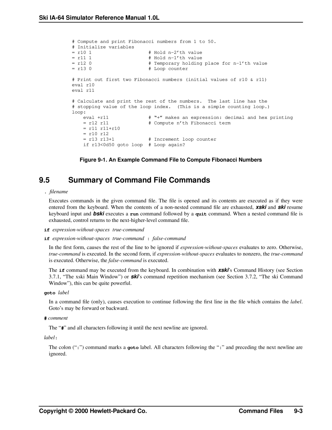 HP IA-64, Ski Simulator manual Summary of Command File Commands, ﬁlename, # comment, Label 