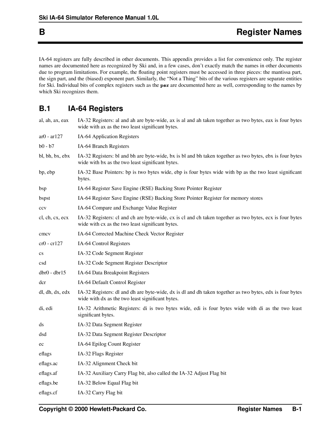 HP Ski Simulator manual Register Names, IA-64 Registers 