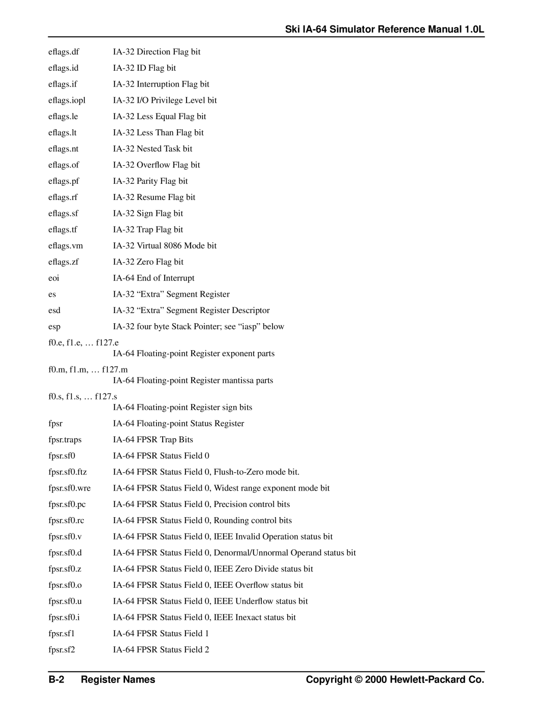 HP Ski Simulator, IA-64 manual Register Names 