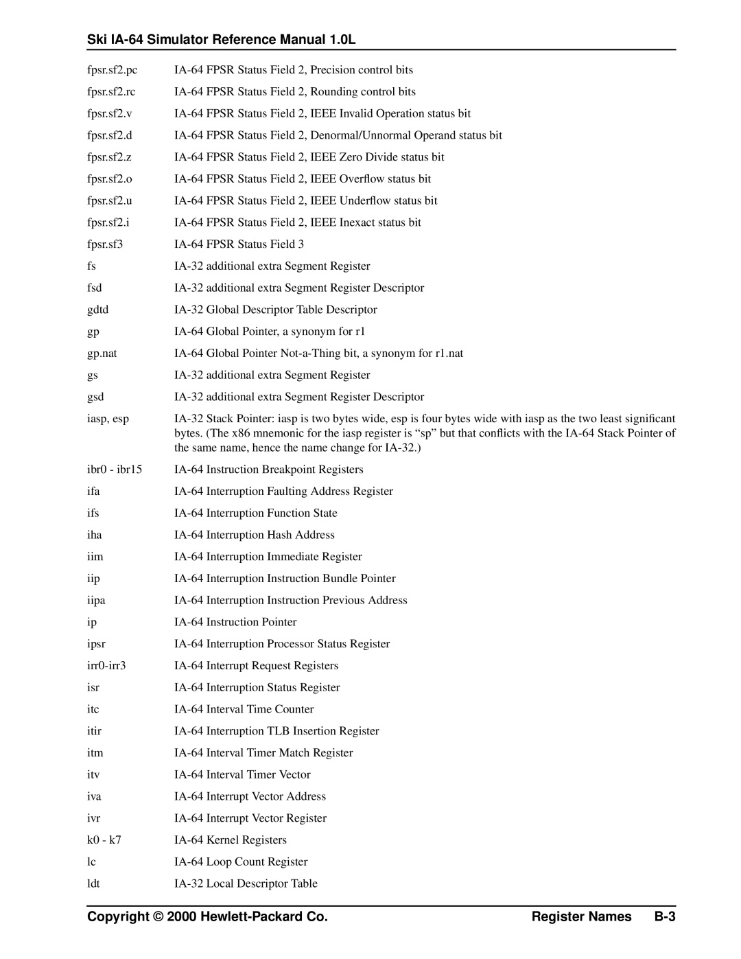HP IA-64, Ski Simulator manual Copyright 2000 Hewlett-Packard Co Register Names B-3 