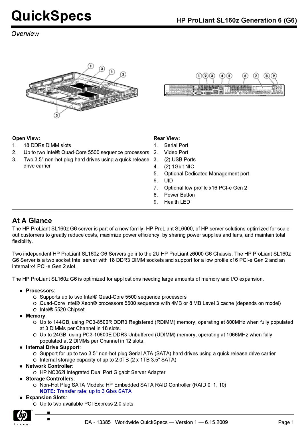 HP SL160Z manual Overview, Open View Rear View, Processors, Internal Drive Support, Expansion Slots 