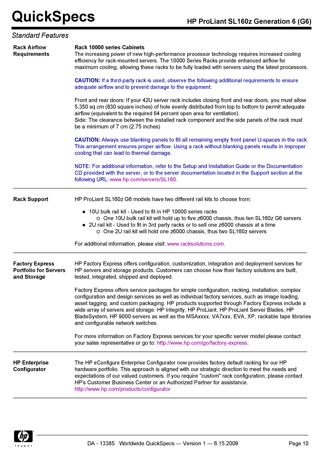 HP SL160Z manual Rack Airflow Rack 10000 series Cabinets Requirements, Rack Support, Factory Express, Portfolio for Servers 