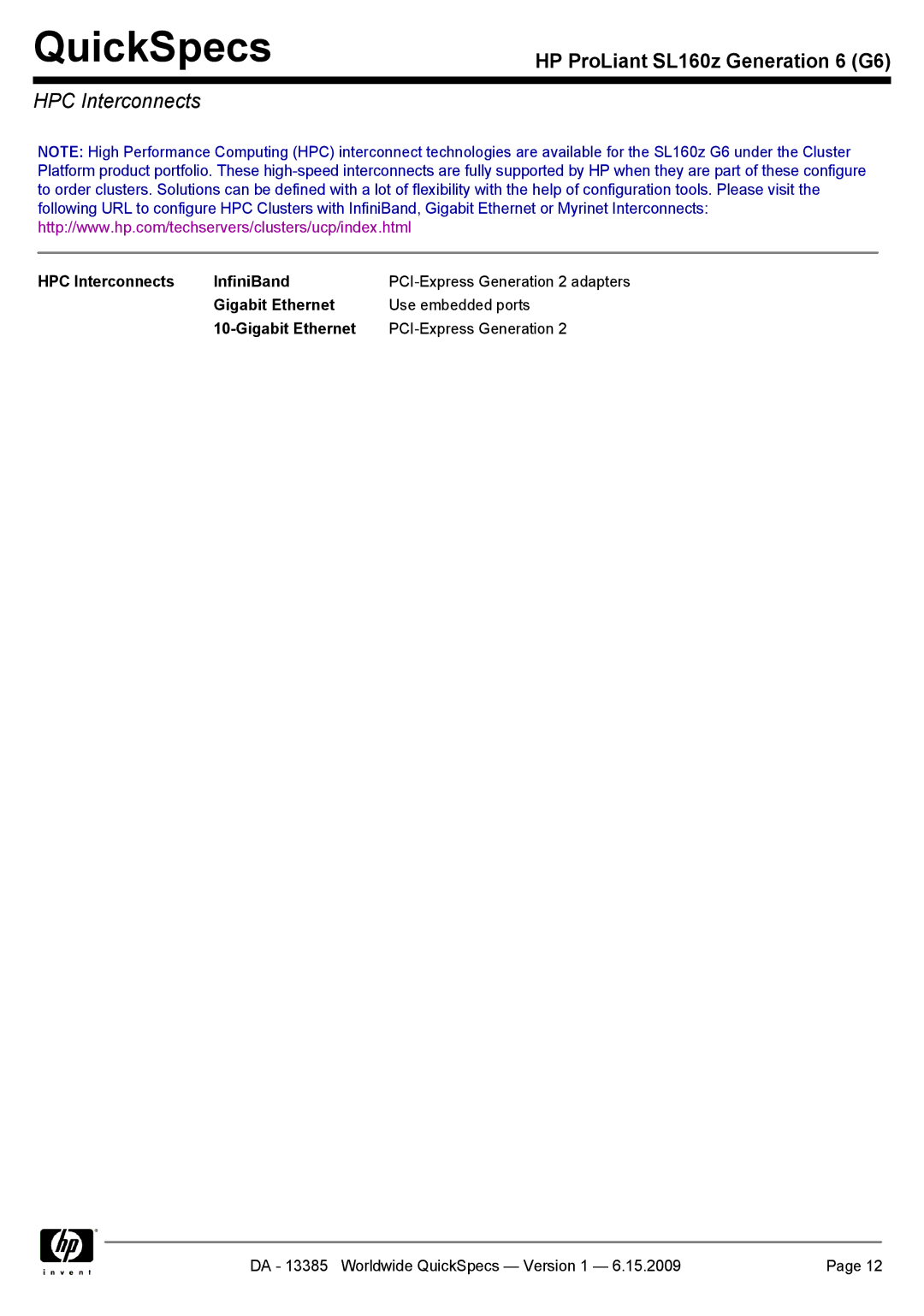 HP SL160Z manual HPC Interconnects 