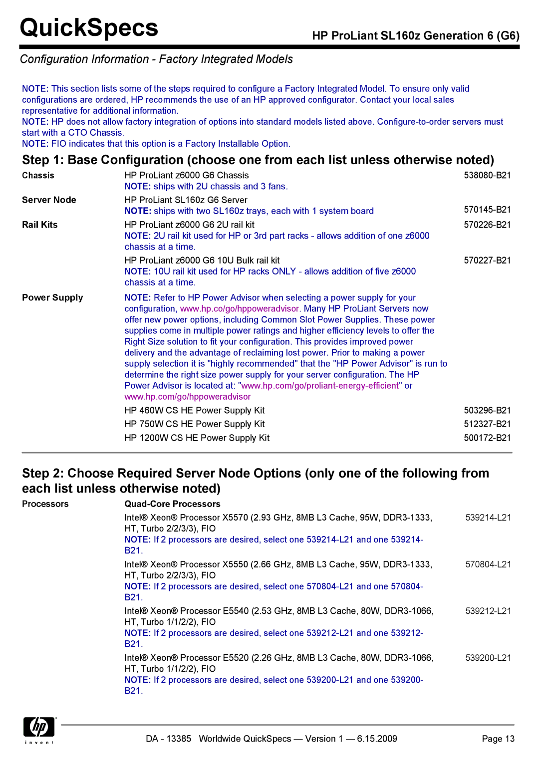 HP SL160Z manual Configuration Information Factory Integrated Models, Chassis, Processors Quad-Core Processors 