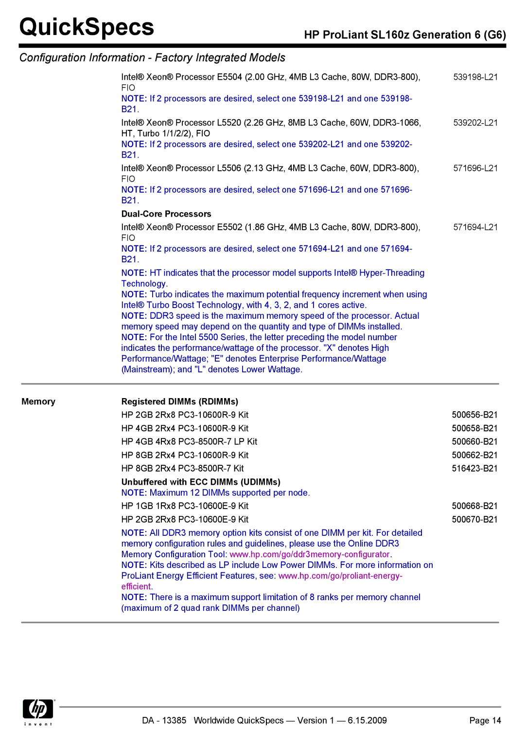 HP SL160Z manual Memory Registered DIMMs RDIMMs, Unbuffered with ECC DIMMs UDIMMs 