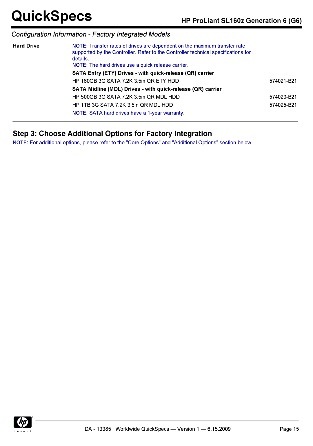 HP SL160Z manual Hard Drive 