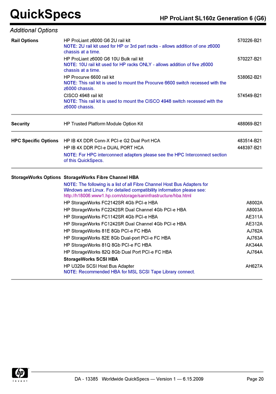 HP SL160Z Rail Options, HPC Specific Options, StorageWorks Options StorageWorks Fibre Channel HBA, StorageWorks Scsi HBA 