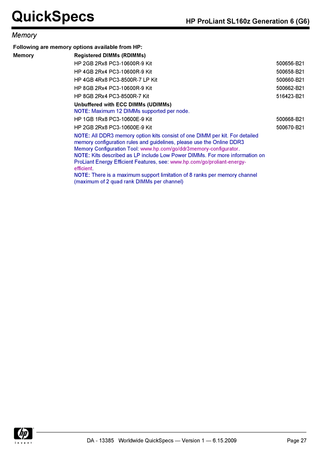 HP SL160Z manual Unbuffered with ECC DIMMs UDIMMs 