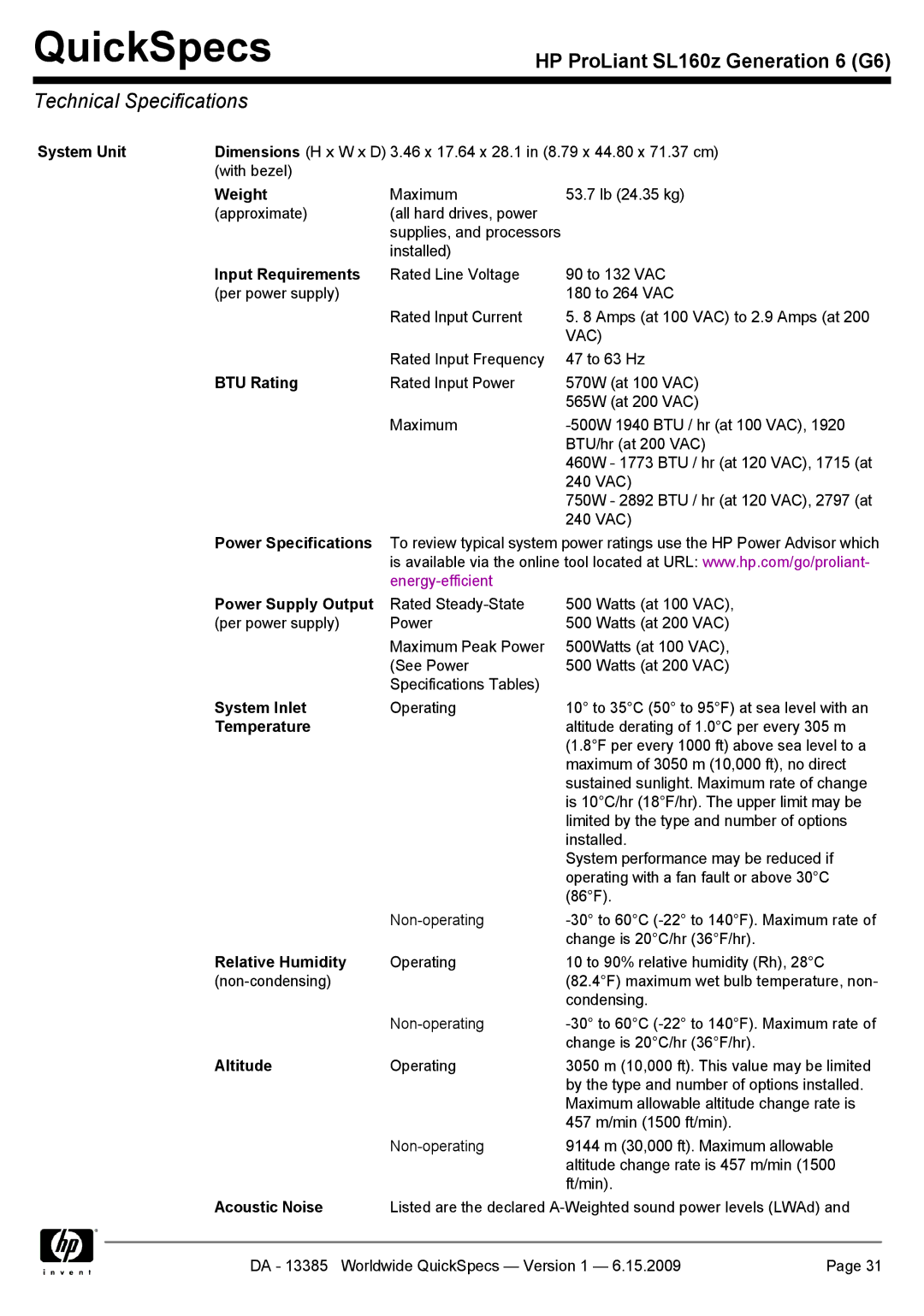 HP SL160Z manual Technical Specifications 