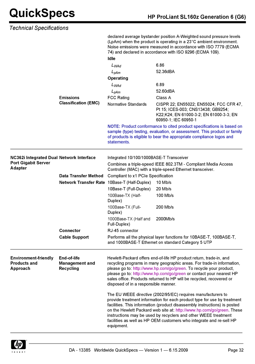 HP SL160Z Emissions Classification EMC, Connector, Cable Support, Environment-friendly End-of-life, Products Management 