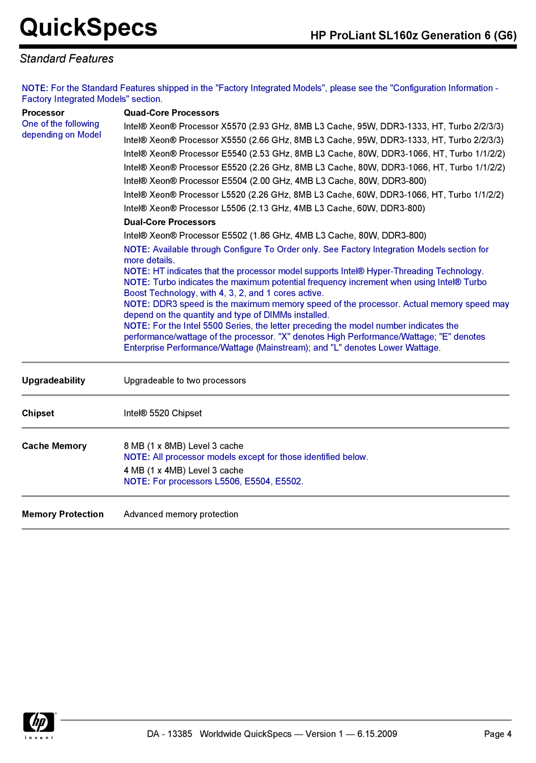 HP SL160Z manual Standard Features 