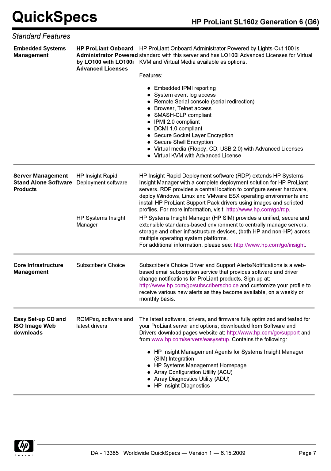 HP SL160Z Server Management, Stand Alone Software, Products, Core Infrastructure, Easy Set-up CD, ISO Image Web, Downloads 