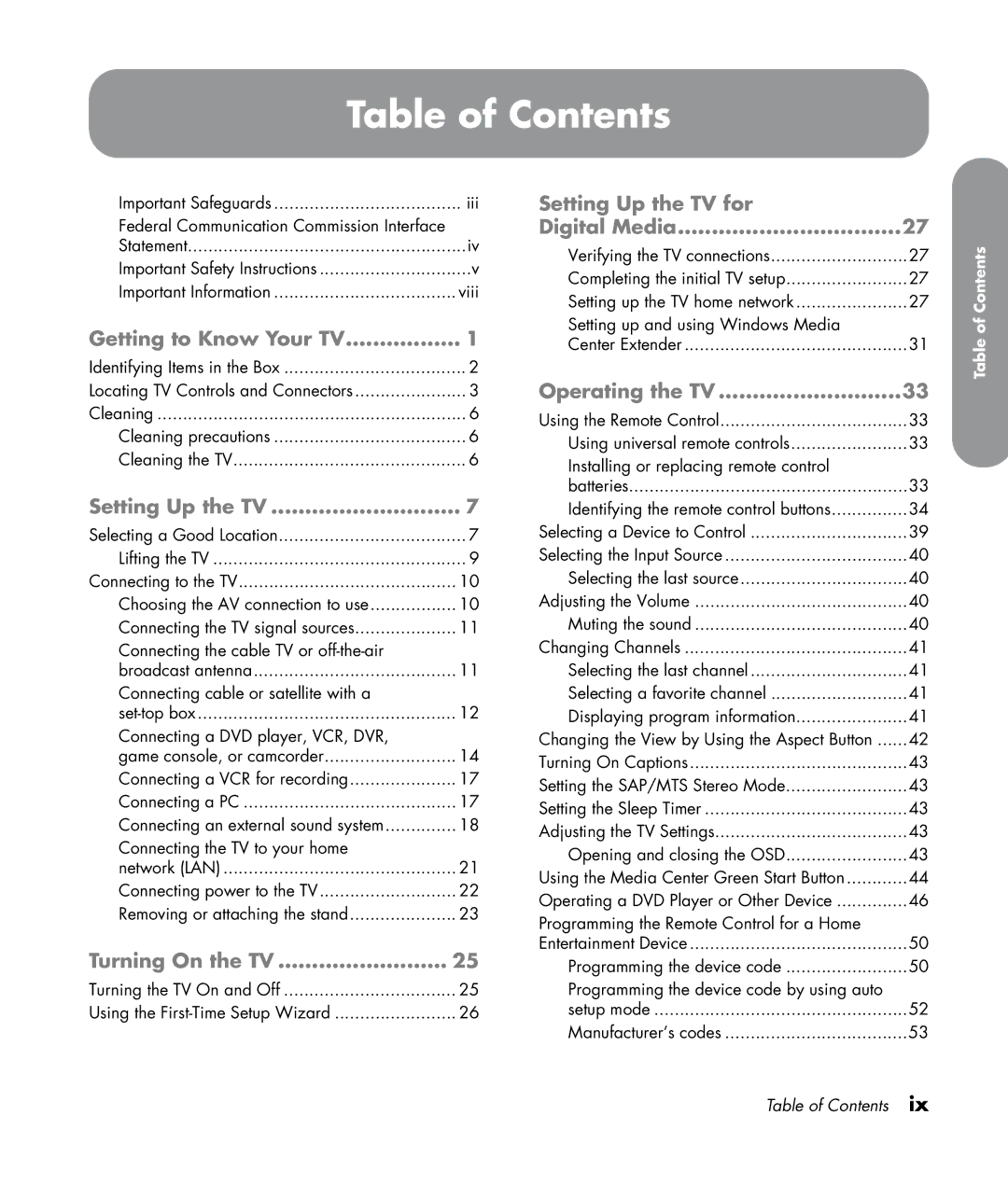 HP SL4282N 42 inch manual Table of Contents 