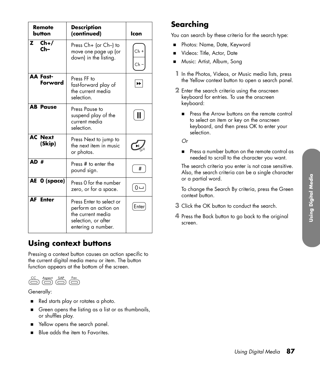 HP SL4282N 42 inch manual Using context buttons, Searching 