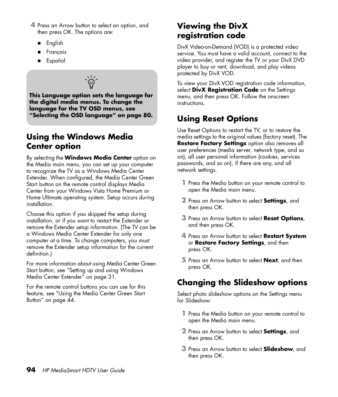 HP SL4282N 42 inch manual Using the Windows Media Center option, Viewing the DivX registration code, Using Reset Options 
