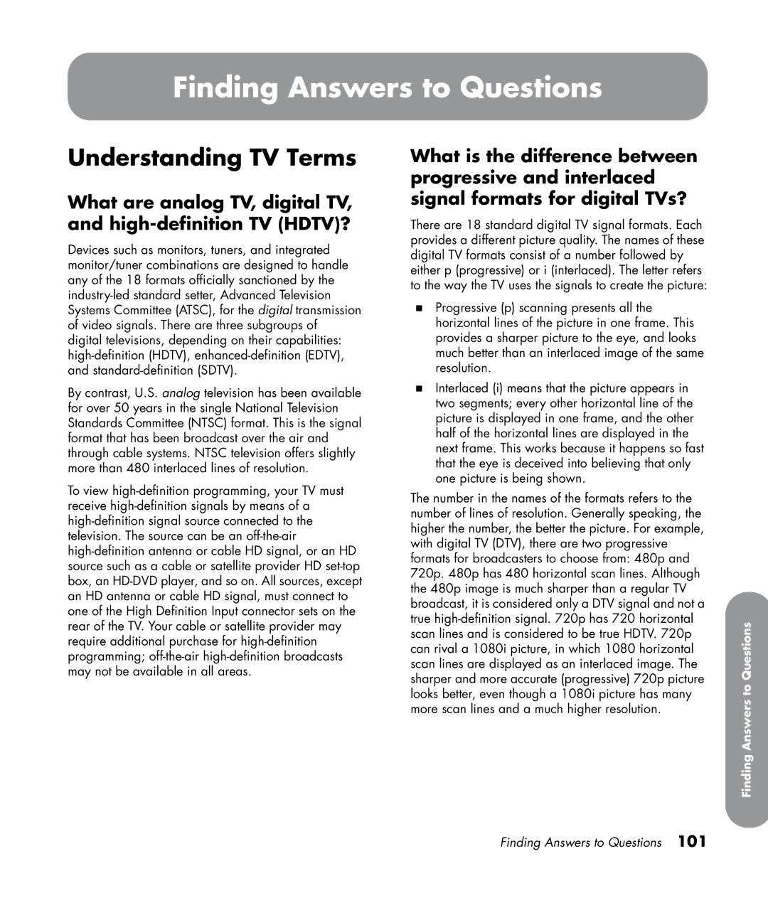 HP SL4282N 42 inch manual Finding Answers to Questions, Understanding TV Terms 