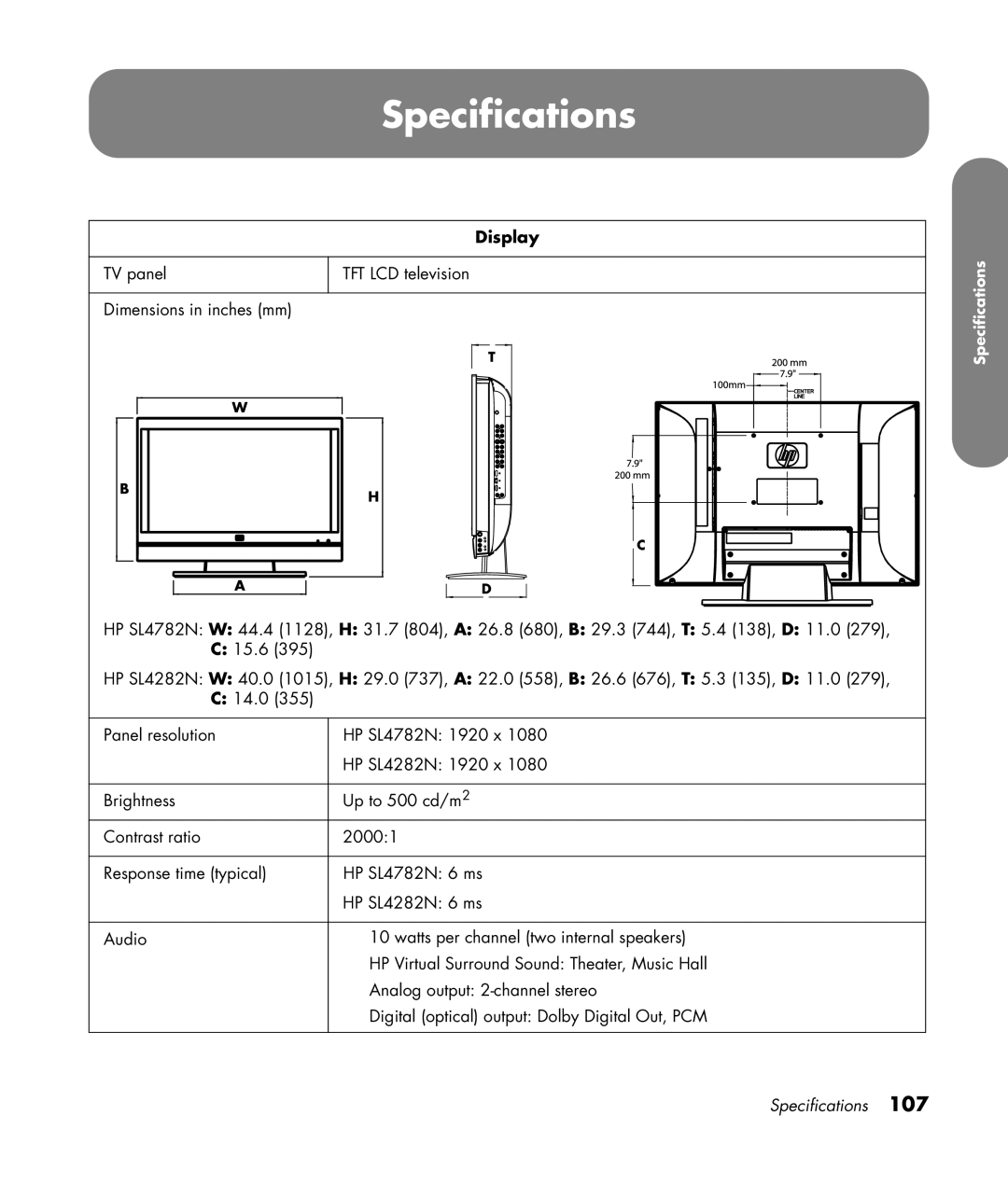 HP SL4282N 42 inch manual Specifications, Display 