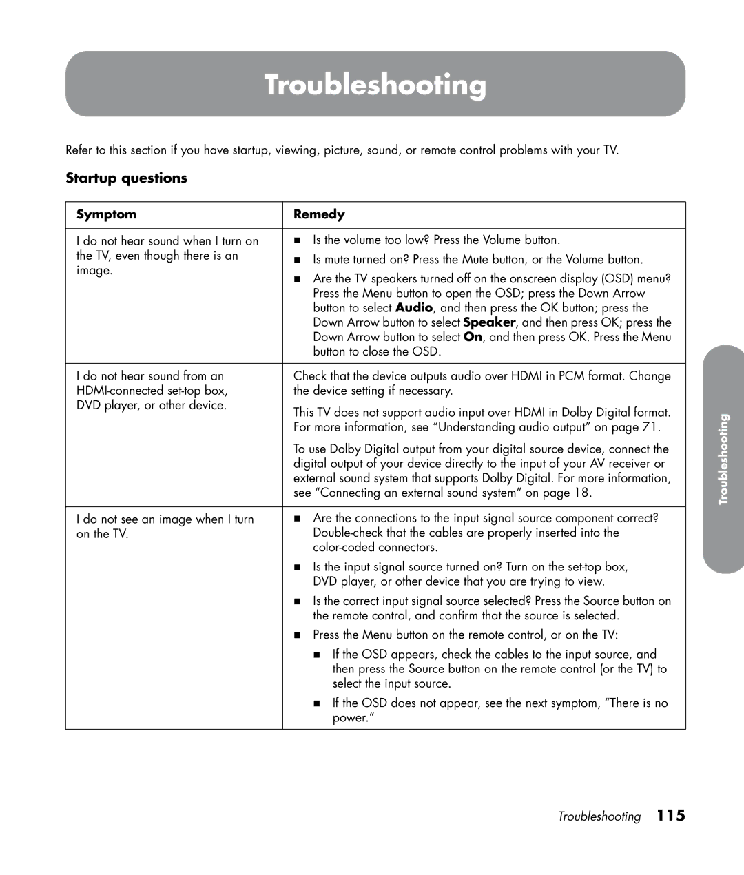 HP SL4282N 42 inch manual Troubleshooting, Startup questions, Symptom Remedy 