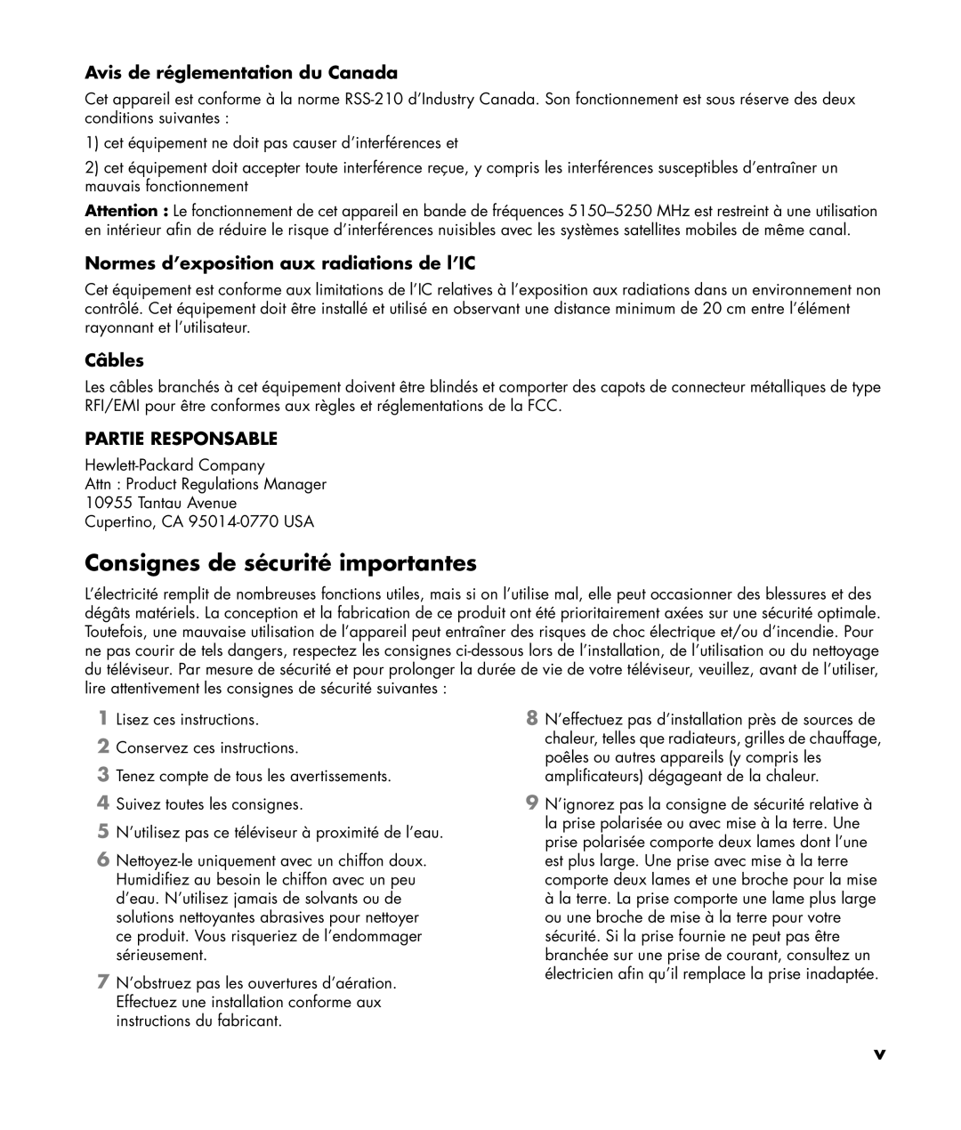 HP SL4282N 42 inch manual Consignes de sécurité importantes, Avis de réglementation du Canada, Câbles 