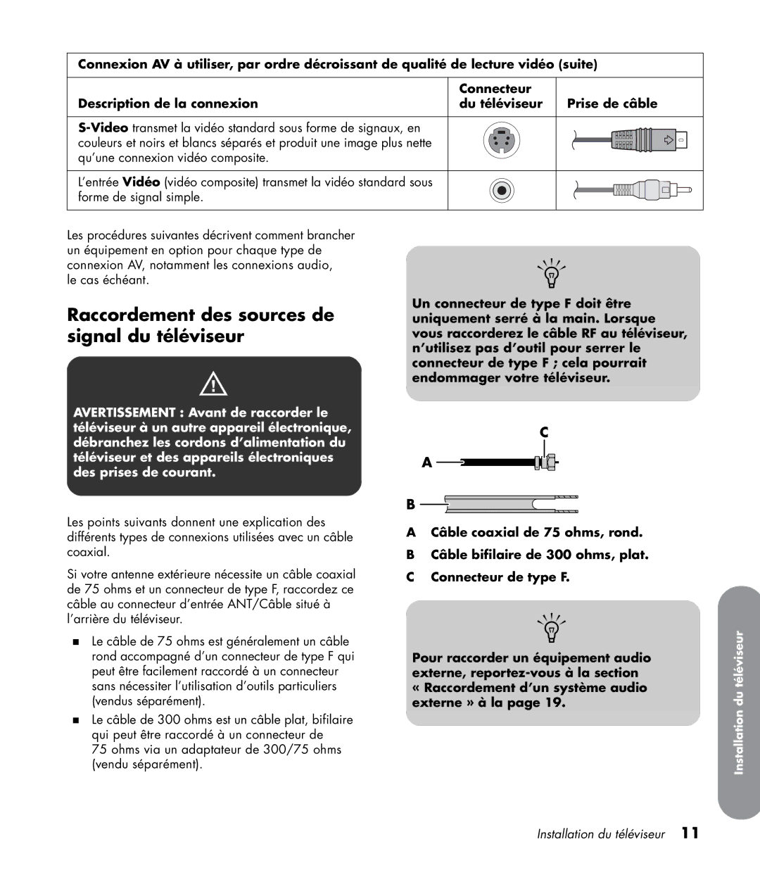 HP SL4282N 42 inch manual Raccordement des sources de signal du téléviseur 