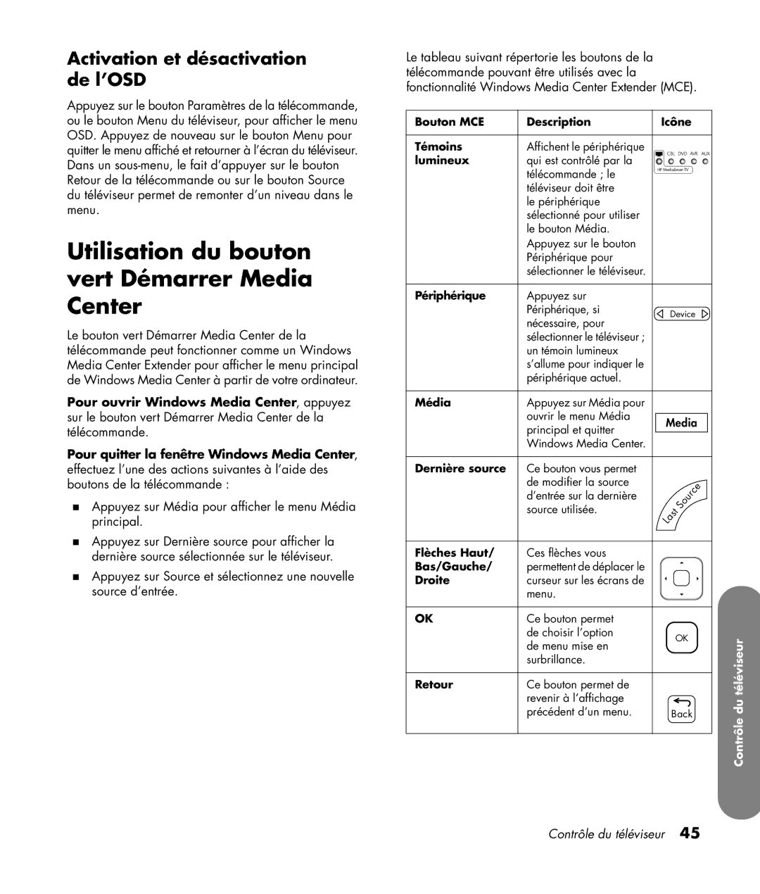 HP SL4282N 42 inch manual Utilisation du bouton vert Démarrer Media Center, Activation et désactivation de l’OSD 