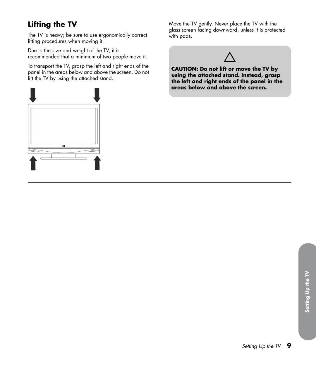 HP SL4282N 42 inch manual Lifting the TV 