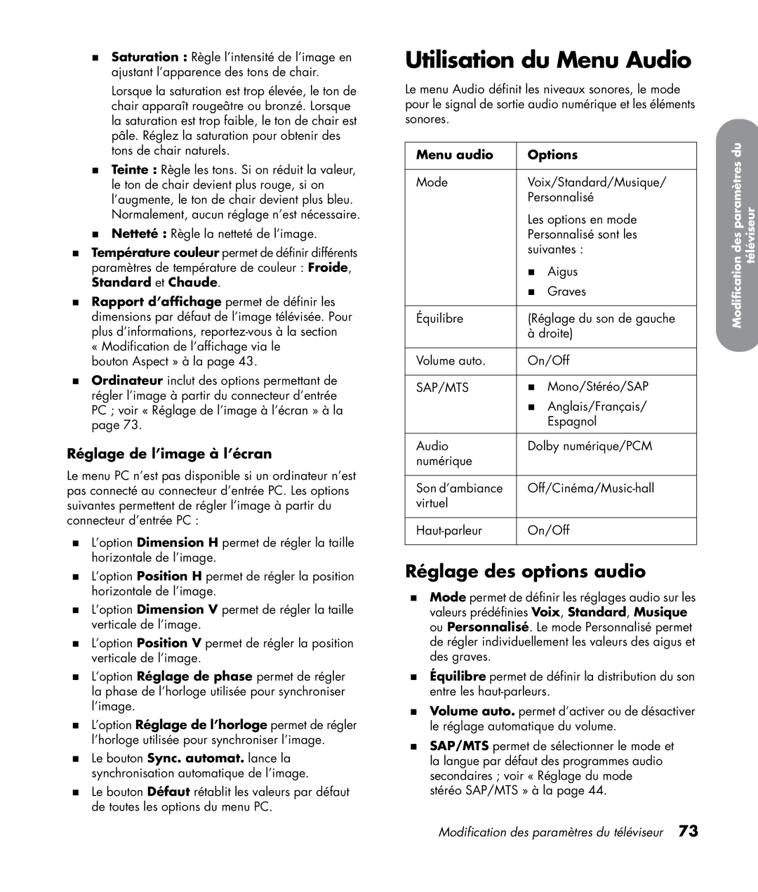 HP SL4282N 42 inch Utilisation du Menu Audio, Réglage des options audio, Réglage de l’image à l’écran, Menu audio Options 