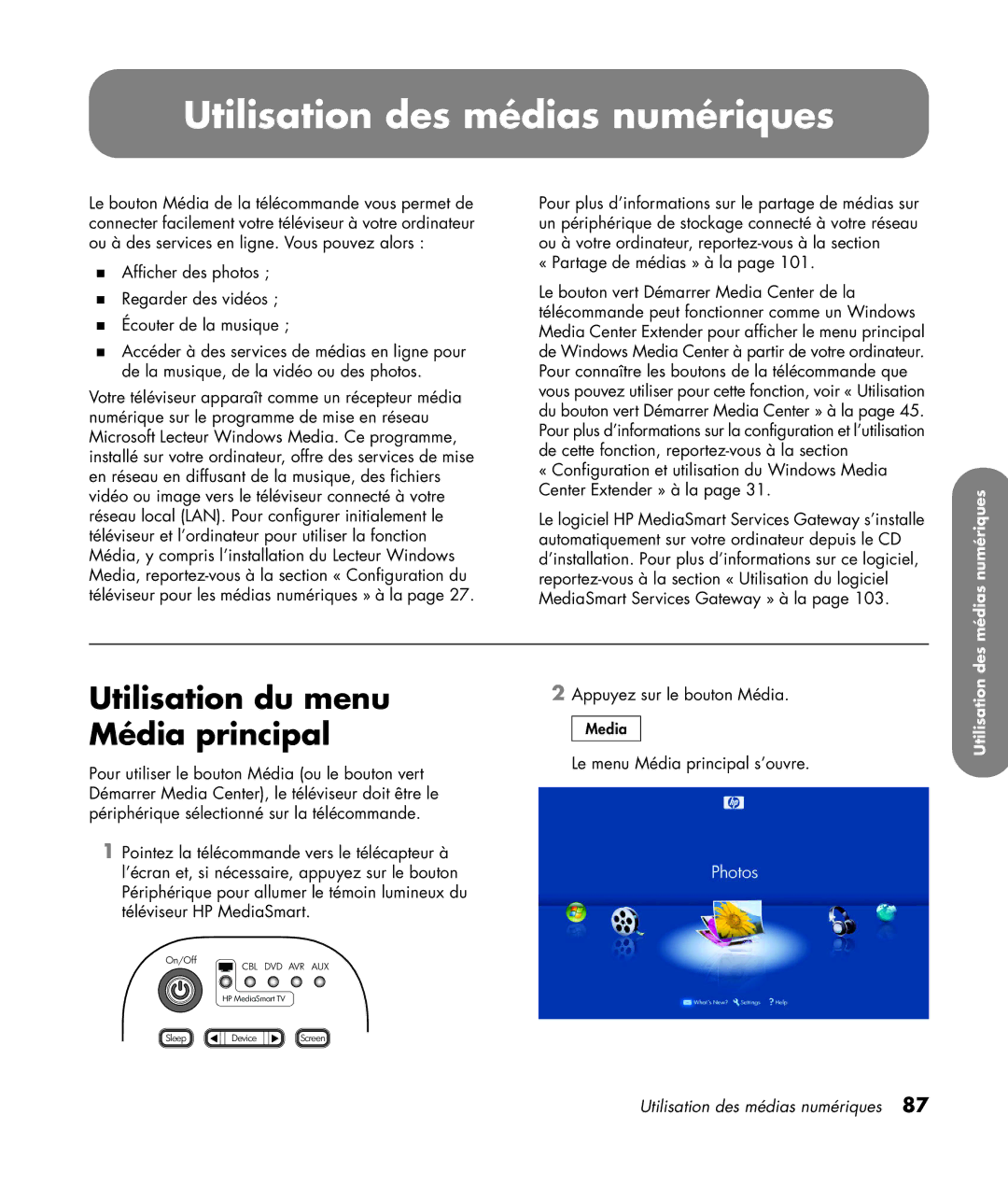 HP SL4282N 42 inch manual Utilisation des médias numériques, Utilisation du menu Média principal 