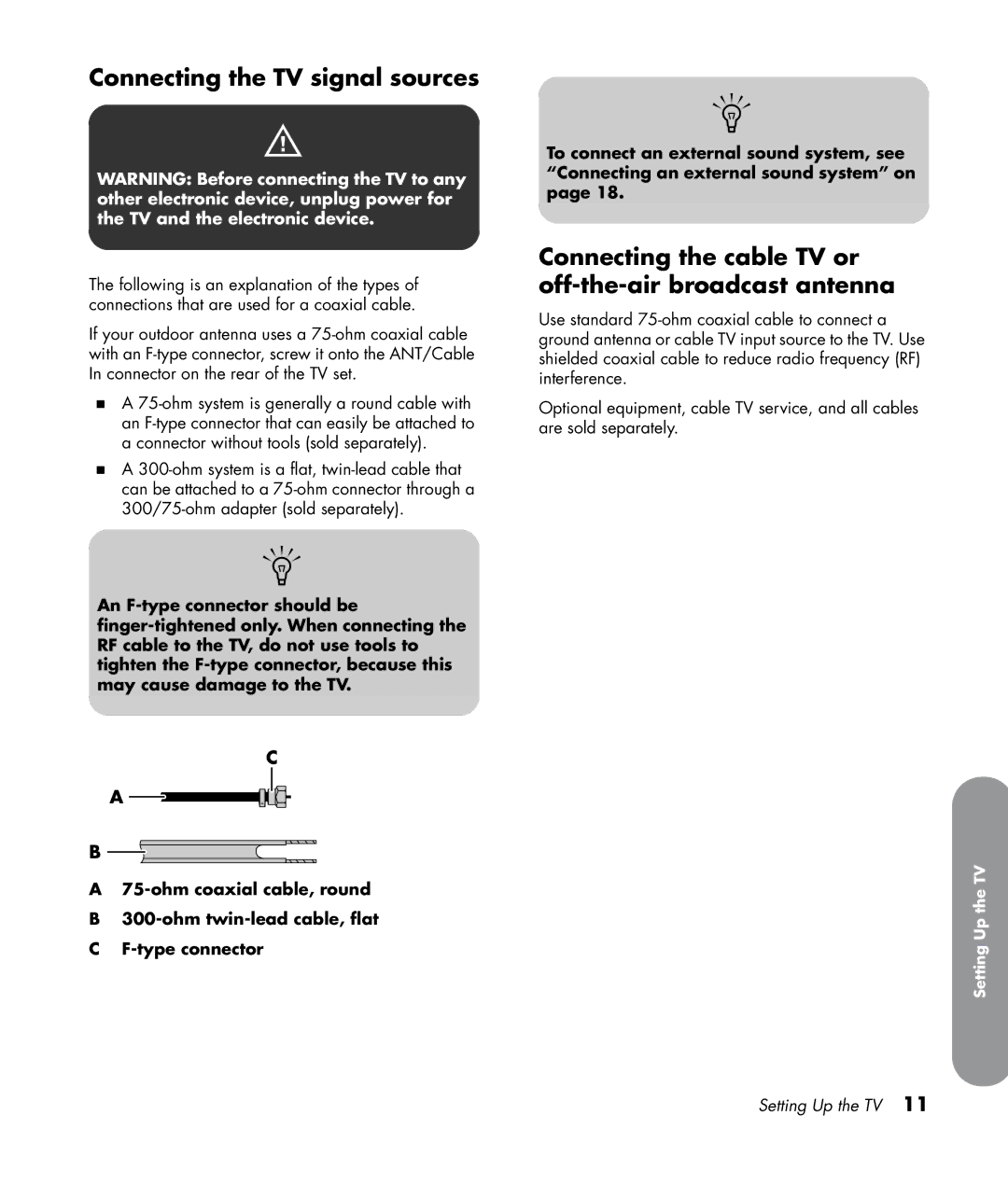 HP SL4282N 42 inch manual Connecting the TV signal sources, Connecting the cable TV or off-the-air broadcast antenna 